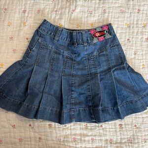 Y2K Denim Pleated Mini Button Up Skirt with Heart Patches